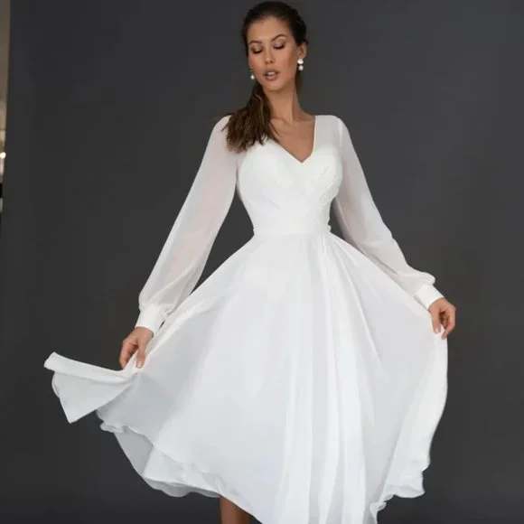 Dresses | Chiffon Tea Length White Dress With Sleeves | Poshmark